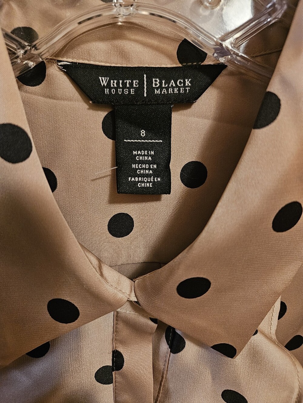 White House Black Market Beige/Tan & Black Polka Dot Lovely Ruffle Blouse, Sz 8 - Picture 13 of 16